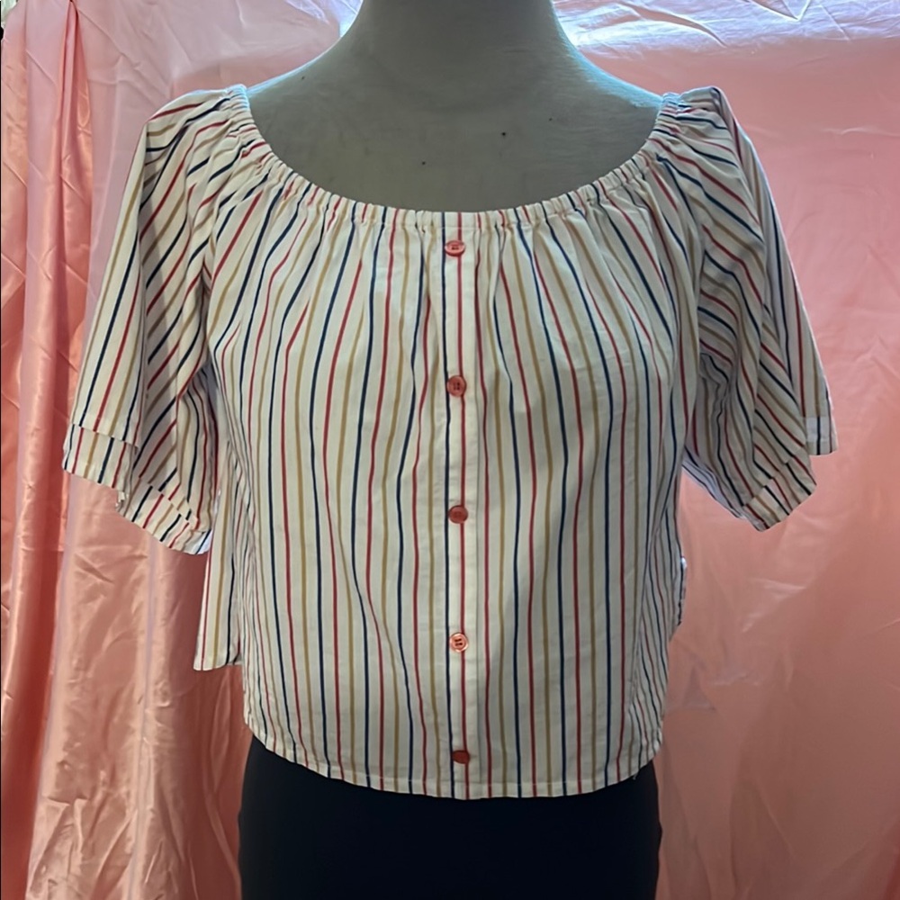 Striped Off-Shoulder Button-Up Top